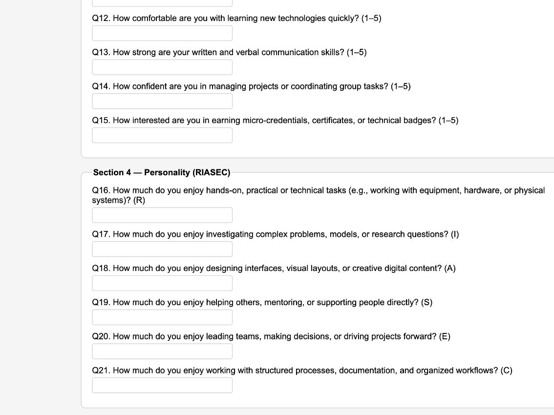 Original survey section covering skills and RIASEC interests.